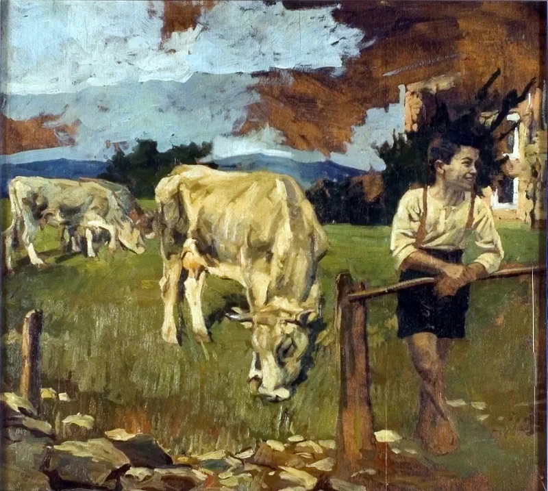  221-Ettore Tito-Tre mucche al pascolo con giovane contadino-Fondazione Cassa di Risparmio di Udine e Pordenone, Monte di Pietà, Udine 